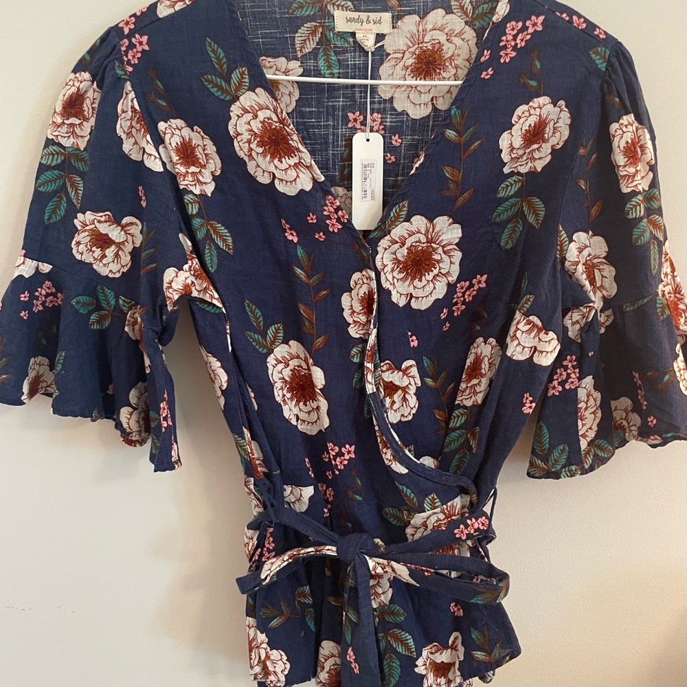 Red Ruffled Flutter Sleeve Wrap Blouse